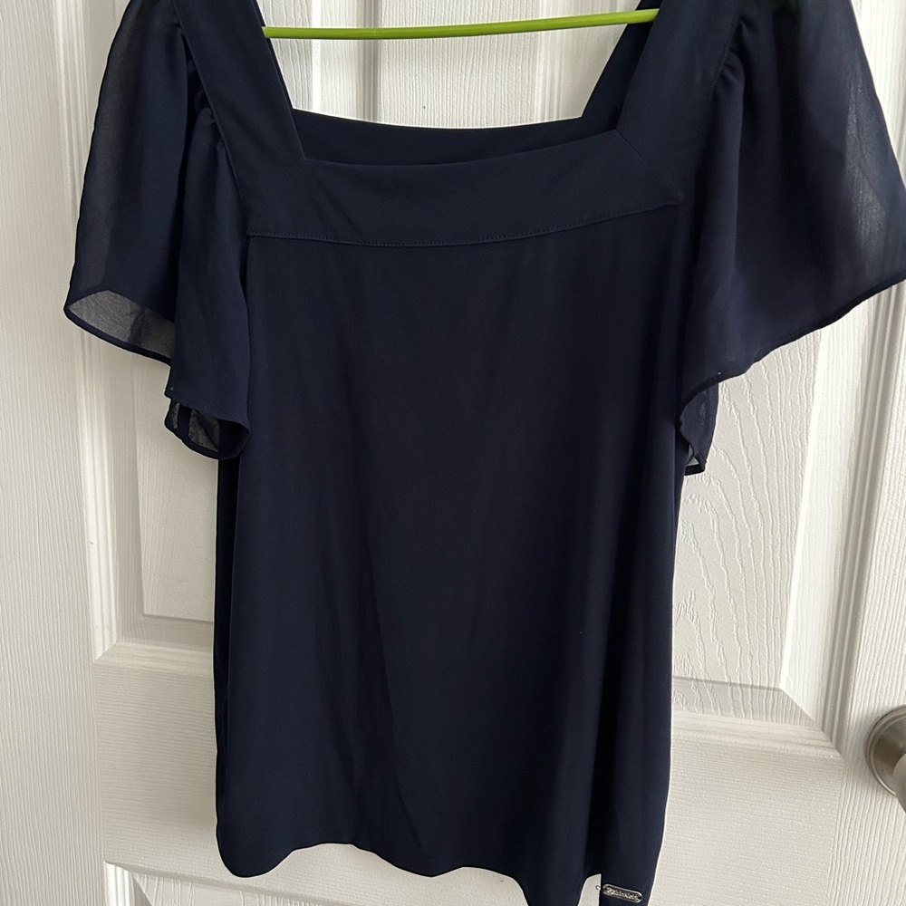 Calvin Klein Navy Blouse with Flutter Sleeves